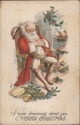Sleeping Santa Claus by Fireplace, Merry Christmas Greeting Postcard