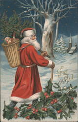 Santa Claus with Basket of Toys in Snowy Forest, God Jul 1908 Postcard