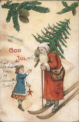 Santa Claus on Skis with Child and Christmas Tree Postcard