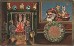 Santa Claus, Children by Fireplace, Christmas Wreath Postcard