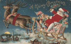 Santa Claus Flying Sleigh with Reindeer Over Snowy Village, Merry Christmas Postcard