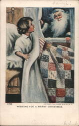 Girl in Nightgown Sees Santa Claus Peeking Through Window Postcard
