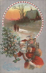 Santa Claus Carrying Christmas Tree & Toys in Snowy Winter Scene Postcard
