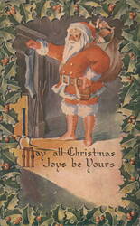 Santa Claus with Toys & Stocking, Holly Frame, Christmas Greeting Postcard