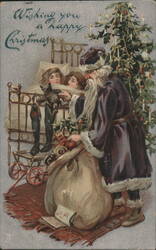 Santa Claus Delivering Toys to Sleeping Children by Christmas Tree Postcard