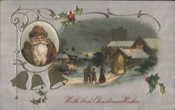 Santa Claus with Snowy Village and Church, Christmas Wishes Postcard