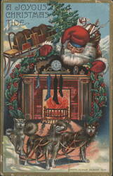 A Joyous Christmas Tide: Santa Claus, Christmas Tree, Fireplace, Sled, and Dogs Postcard