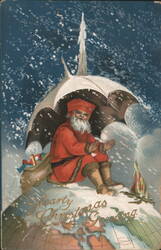 Santa Claus on Globe with Umbrella in Snow - Hearty Christmas Greeting Postcard