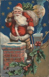 Santa Claus Climbing Down Chimney with Sack of Toys, A Merry Christmas Postcard