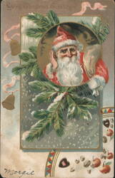 Santa Claus with Pine Branches, Bells, and Christmas Greetings Postcard