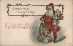 Santa Claus with Sack of Toys and Children, Christmas Greetings 1917 Postcard