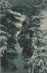 Santa Claus Carrying Toys Through Snowy Forest Postcard