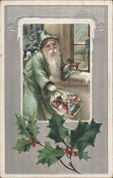 Santa Claus in Green Coat with Bag of Toys and Rocking Horse, Holly Postcard