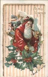 Santa Claus with Toys and Holly, Christmas Greetings Postcard