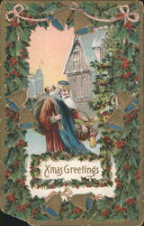 Santa Claus with Sack of Toys and Holly Bells, Xmas Greetings Postcard