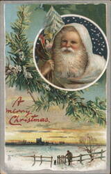 Santa Claus in White Robe with Staff, Winter Landscape, A Merry Christmas Postcard