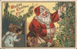 Santa Claus Decorating Christmas Tree, Children Peeking, Christmas Cheer Postcard