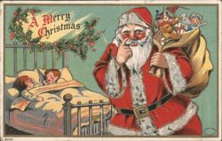 Santa Claus with Finger to Nose Watching Sleeping Children, Merry Christmas Postcard