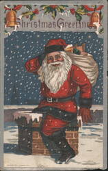 Santa Claus on Chimney with Christmas Greetings, Snowy Night Postcard