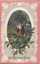 Santa Claus in Winter Village with Holly, Best Christmas Wishes Postcard