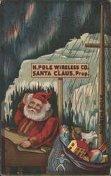 Santa Claus at North Pole Wireless Co. with Aurora Borealis Postcard