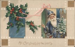 Santa Claus with Christmas Tree and Holly, 'All Christmas Joy Be Yours' Postcard