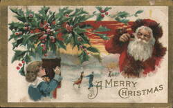 A Merry Christmas with Santa, Child, and Ice Skaters Postcard