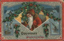 Santa Claus with Christmas Tree and Holly, Snowy Village Postcard