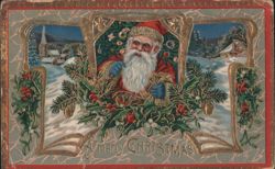 Santa Claus with Gilded Holly and Snowy Village, "A Merry Christmas" Postcard