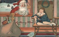 Santa Claus Peeking at Sleeping Boy on Christmas Eve Postcard