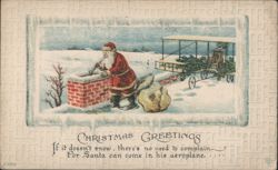 Santa Claus Arrives by Aeroplane for Christmas Greetings, Snowy Scene Postcard