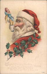 Santa Claus with Elf and Holly, Christmas Poem Postcard