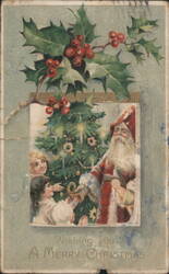 Santa Claus with Children and Christmas Tree, Holly Berries Postcard