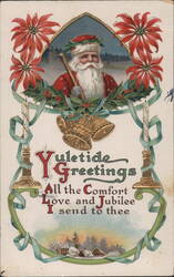 Santa Claus Yuletide Greetings with Poinsettias and Holly Postcard