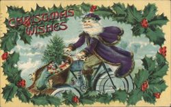 Santa Claus on Bicycle with Sleigh & Toys, Christmas Wishes Holly Border Postcard