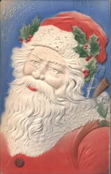 Embossed Santa Claus with Holly Hat, Merry Christmas Greeting Postcard
