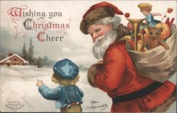 Santa Claus with Sack of Toys and Child in Snowy Landscape, Christmas Cheer Postcard