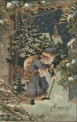 Santa Claus in Snowy Forest with Gilded Pines, Merry Christmas Greeting Postcard