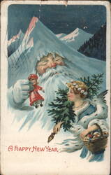 Father Winter & Angel Girl with Tree, A Happy New Year Greeting Postcard