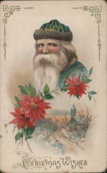 Santa Claus with Poinsettias & Snowy Church, Christmas Wishes Postcard