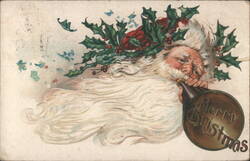 Santa Claus blowing "Merry Christmas" horn with holly Postcard