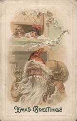 Santa Claus with Sack of Toys & Children in Window, Xmas Greetings Postcard