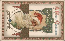 Santa Claus with Holly & Berries, A Merry Christmas Greeting Postcard