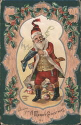 Santa Claus Smoking Pipe, Pulling Stocking, His Busy Day, Merry Christmas Postcard