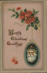 Santa Claus in Oval Frame with Poinsettias and Holly Christmas Greeting Postcard