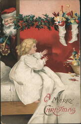 Girl Sees Santa Claus Peeking, Christmas Stockings with Toys Postcard