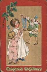 Children Watching Santa Claus Hang Stockings, Christmas Greetings Postcard