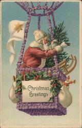 Santa Claus in Hot Air Balloon with Telescope, Christmas Greetings Postcard