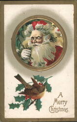 Santa Claus Portrait with Bird and Holly, A Merry Christmas Postcard