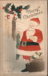 Merry Christmas Santa Claus with Stockings and Bag of Toys Postcard